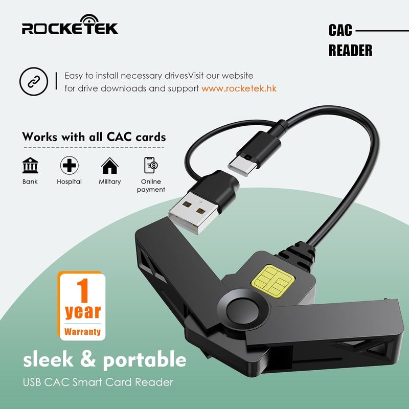 Rocketek CAC Reader 2 in 1 Type C Dual Connector, DOD Military USB Common Access CAC Card Reader Type C USB Smart Card Reader Compatible with Windows, Mac OS Mini Fold Plug and Play Black - Image 4